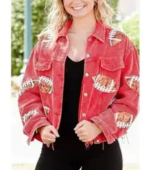 J. Lee Women’s Red Size XL Sequin football Game Day corduroy Fringe Jacket Coat