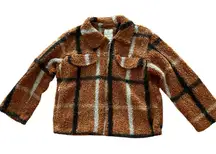 Stoosh Brown Plaid Teddy Jacket Shacket Women’s Size Large Cozy Warm Cropped