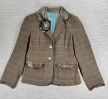 J Jill Herringbone Tweed Blazer XS Tan Brown Teal Wool Blend Flower Accent