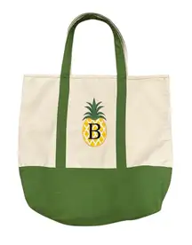 PINEAPPLE CANVAS BEIGE GREEN TRIM SHOPPING BEACH VACATION B TOTE