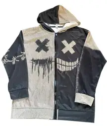 Two Toned Ghost Face Demon Graphic Hoodie Full Zip Womens Size XL Black Beige