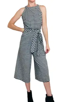 Retro Black & White Stripe Sailor Nautical Cropped Tank Jumpsuit