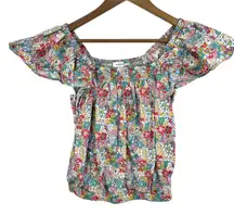 Nordstrom Floral Print Smocked Top Flutter Sleeve Women's XS Summer Blouse