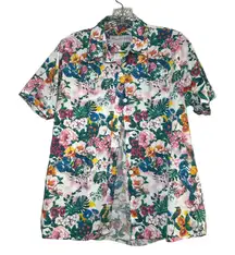 Peau De Loup Tropical Floral Bird Print Short Sleeve Button Up Shirt Size 6