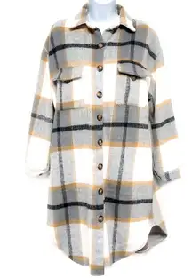 Plaid Flannel Button Long Shacket Shirt Jacket Peacoat Trench Coat Small