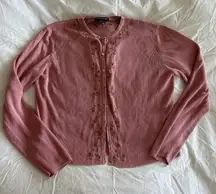 Vintage Ann Taylor silk knit Pink floral embroidered button-up cardigan small
