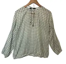 Zara Green White Gingham Plaid Long Elastic Sleeve Front Key Hole Tie Blouse Top