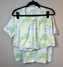 KIKIT Women's 2-Piece Pajama Shorts Set Pastel Tie Dye Short Sleeve Button Large