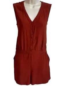 UNIQLO V Neck Sleeveless Button Front Romper Orange Rust Extra Small Pockets
