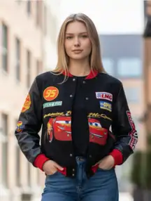 NWOT Disney Lightning Mcqueen Cars Racing Car Patches Pixar Motorcycle Jacket XS