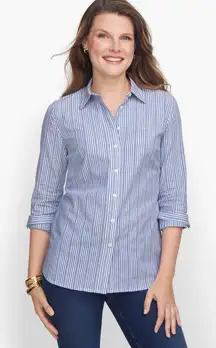 Talbots‎ Sz L Classic Cotton Blue White Dobby Striped Shirt Button Up Blouse