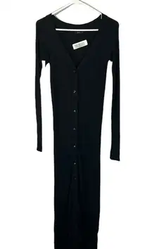 Olivaceous Black Ribbed Textured Long Sleeve Button Front Maxi Dress Women Sz S