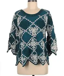 Kindred brand green ivory embroidered boho bell sleeve babydoll peplum top