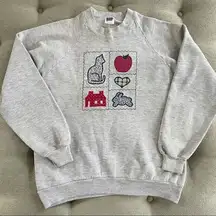 Vintage Country Cottage Embroidered Appliqué Bunny Cat Apple Heart Sweatshirt L