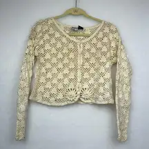 Cropped Button-down crochet Kimono/cardigan/sweater Long sleeves cream/tan Sz 2