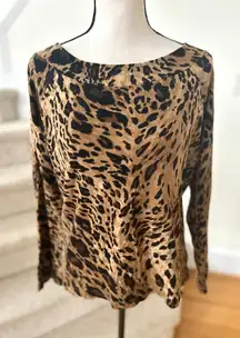 Ralph Lauren Brown Black Leopard Print Cotton Wide Neck Long Sleeve T-Shirt