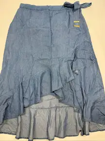 Michael Kors Chambray ruffle lightweight denim faux wrap skirt size Large NWOT