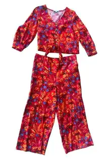 Anthropologie Maison d’ Amelie Red Floral Linen Button Top S, Trouser Pants M