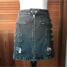 Punk Goth Dark Gray Denim Patches, Safety Pins & Chains The End Skirt XS 0