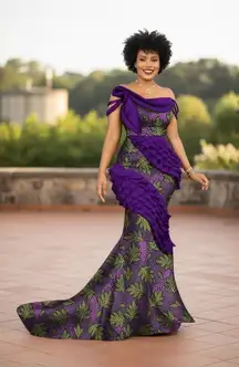 Afrilisco African Print Ruffle Wedding Mermaid Maxi Gown Dress Party Colorful L