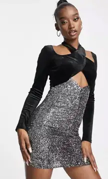 ASOS Luxe Black Velvet & Silver Sequin Cutout Mini Dress – Size US 4