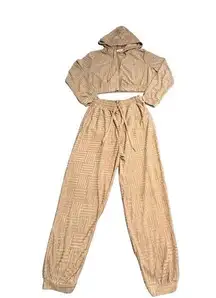 Love j  Hoodie & Jogger Pant Set Women's Size L Mocha Jacquard Cropped Sweat Suit