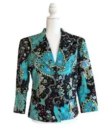 Studio JPR Blazer Jacket Turquoise Black Paisley 3/4 Sleeve Button Front Size 12