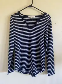 LOFT Navy Blue Waffle Knit Striped Vneck Shirt Lightweight Sweater Womens Medium