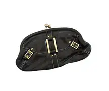 CHARLES DAVID Black Leather Gold Kisslock Clutch Bag