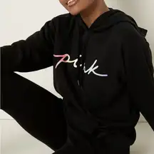 Victoria’s Secret Pink Black Fleece Cropped Cinched Campus Hoodie Size L