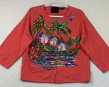 Michael Simon Tropical Cardigan Sweater Beaded Sequin‎ Coral Art Size Large