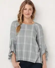 {XS} Lauren Conrad Plaid Print Bell Sleeve Blouse