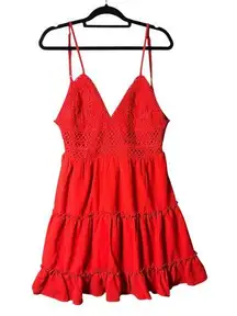 Women Dress XL Red Tiered Ruffle Mini Sun Dress Tie Back Sleeveless Lined Summer