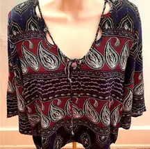 NWT Ganji LA boho paisley colorful burgundy & navy tie collar blouse, size S