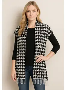Houndstooth Scarf Vest Wrap Shawl Fringed Acrylic Black White Fashion Top Blouse