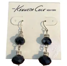 Kenneth Cole New York Black Glass Dangle Earrings Gold Tone Faceted 1.5" New