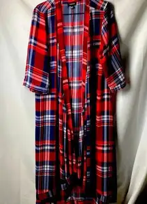 TORRID WO SIZE 0/00 (10/12) LONG NAVY RED PLAID. SHEER OPEN FRONT DUSTER