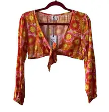 VDM Revolve Orange Multicolor Retro Floral Print Swim Coverup Tie Front Crop Top