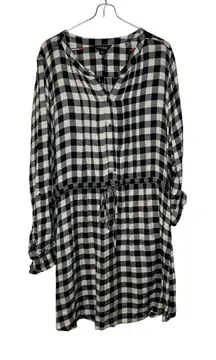 Lucky Brand Women's Dress Check Roll Tab Sleeves‎ Button Cinch Waist Black Large