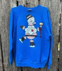 Vintage 90s Crochet Doily Snowman Decorated Winter Ugly Christmas Sweatshirt XL