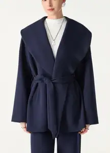 OGL Women Belted Shawl Collar Open Front Jacket Pockets Navy S Small New