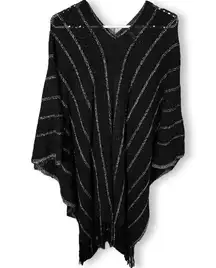 BCBG MaxAzria Fringe Tinsel Crochet Open Knit Pullover Poncho Sweater ONE SIZE