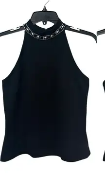 St. John Vintage Black Knit Embellished Pearl Rhinestone Halter Going Out Top