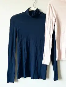 J. Crew Womens Bundle Lot (2) Turtleneck Cotton Long Sleeve Shirts Navy Pink XS