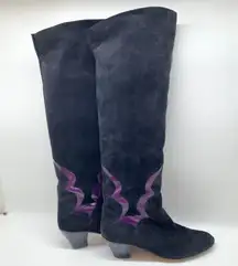 Botticelli Vintage  Black Suede Purple Leather Cowboy Knee High Boot Size 10.5