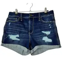 Hollister Size 9 3” Denim Shorts High Rise Distressed Button Fly Dark Wash NEW