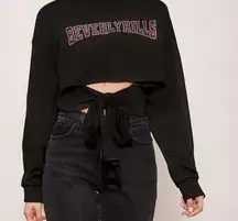 Black Rhinestone Letter Graphic Tied Hem Pullover Crop Top, Size XL