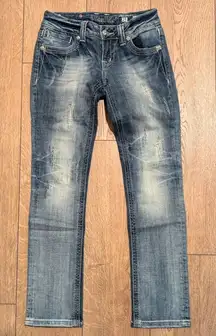 MISS ME Straight Jeans Womens 25 BLING Rhinestones Crystals Fleur De Lis Pockets