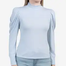7 For All Mankind Light Blue Smocked Puff Sleeve Mockneck Top XS