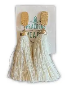 Peacocks and Pearls Tassel Earrings Gold and White